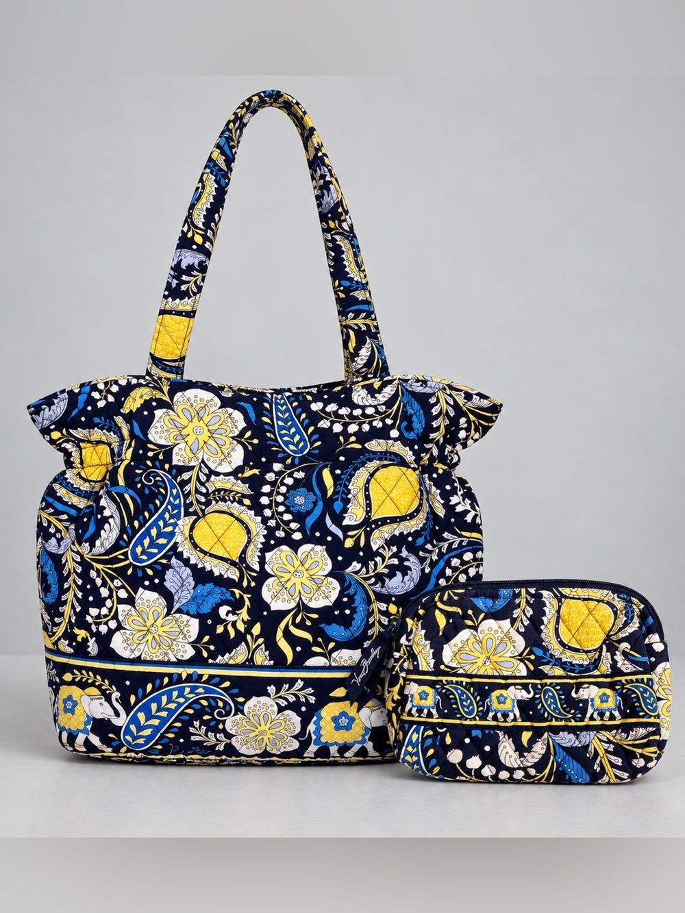 Vera Bradley Ellie Blue Floral Tote Bag & Pouch Purse Quilted Retired Bohemian